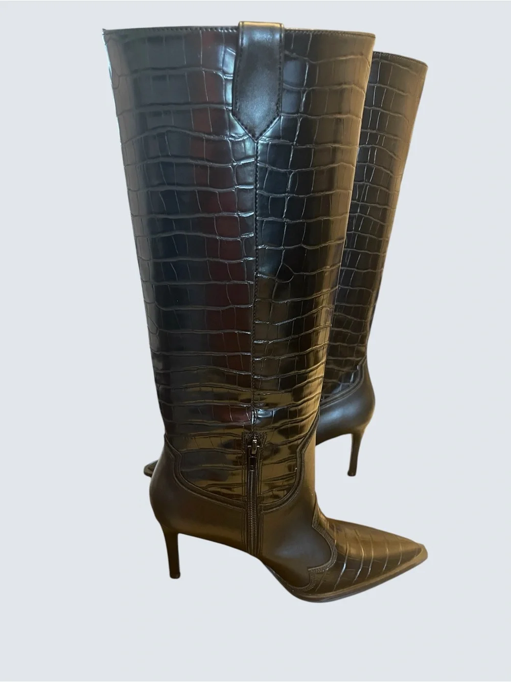 Black Croc-Embossed Knee-High Pointed Toe Women's Boots Size 6